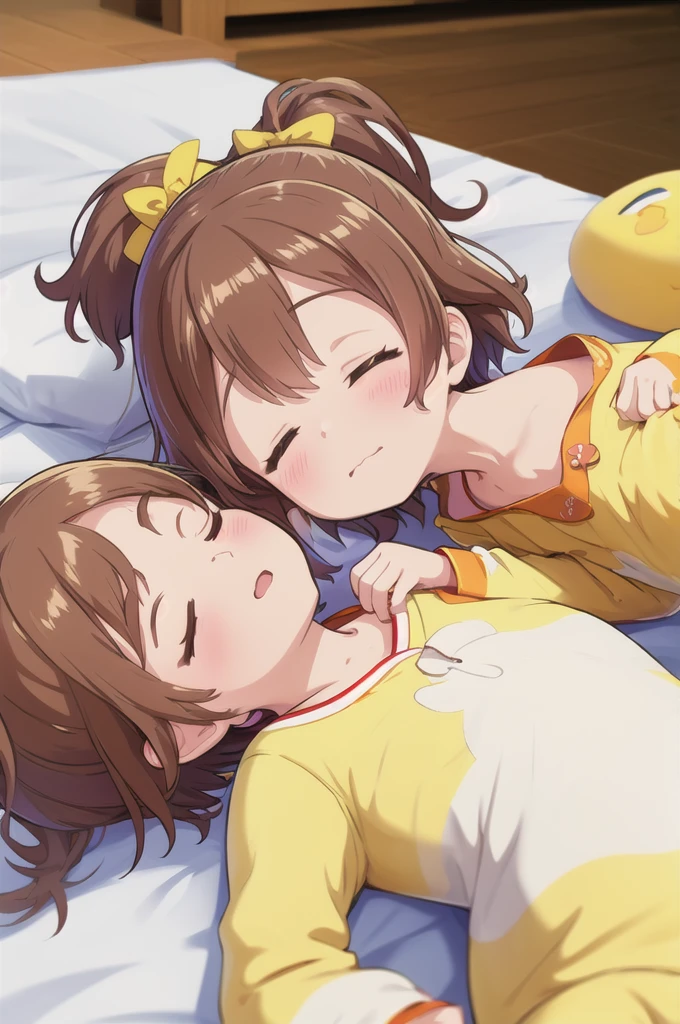 Highest quality,masterpiece,indoor,On the bed, 1girl,独奏,Lying on your back, face, face focus,Close ~ eyes,Close your mouth,Are sleeping,yellow pajamas,Brown Hair, short hair, ponytail,Flat Chest,