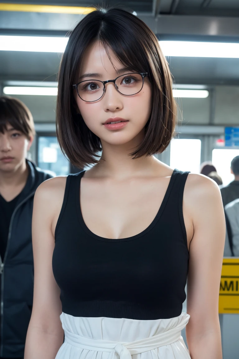 (8K、Raw photo、Highest quality、masterpiece:1.2)、(Realistic、Photorealistic:1.37)、Ultra-detailed、Ultra-high resolution、1 girl、Seeing the viewer、Beautifully detailed face、Laughter、narrow、(Slim waist) :1.3)、shortcut、Beautifully detailed skin、Skin Texture、Floating Hair、Professional Lighting、Waiting for the train on the platform、Black-rimmed square glasses 、Human whole body、Brown Hair、Northleigh、Tank Top