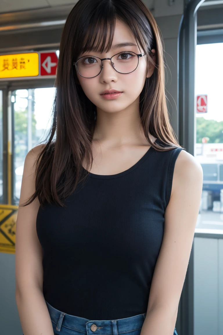 (8K、Raw photo、Highest quality、masterpiece:1.2)、(Realistic、Photorealistic:1.37)、Ultra-detailed、Ultra-high resolution、1 girl、Seeing the viewer、Beautifully detailed face、Laughter、narrow、(Slim waist) :1.3)、shortcut、Beautifully detailed skin、Skin Texture、Floating Hair、Professional Lighting、Waiting for the train on the platform、Black-rimmed square glasses 、Human whole body、Brown Hair、Northleigh、Tank Top