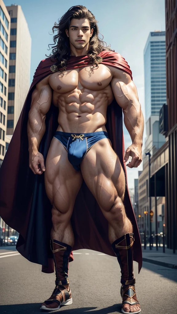 (muscular cute beautiful young tall boy Arion), huge strong biceps volume, huge exposed chest muscles volume, strong muscular legs, exposed abs skin, tight trunks and cape, huge cock bulge, city background, wavy hair