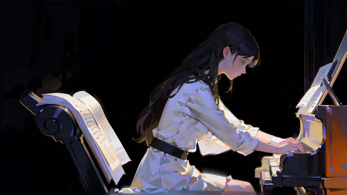 Full-body portrait,(picture of a girl playing the piano), White Dress Andy Jurgens (mandy jurgens) A realistic painting was created, Perverted, Figurative art, Detailed Description, Realistically, Artwork, Contour, View from the side, Simple Background