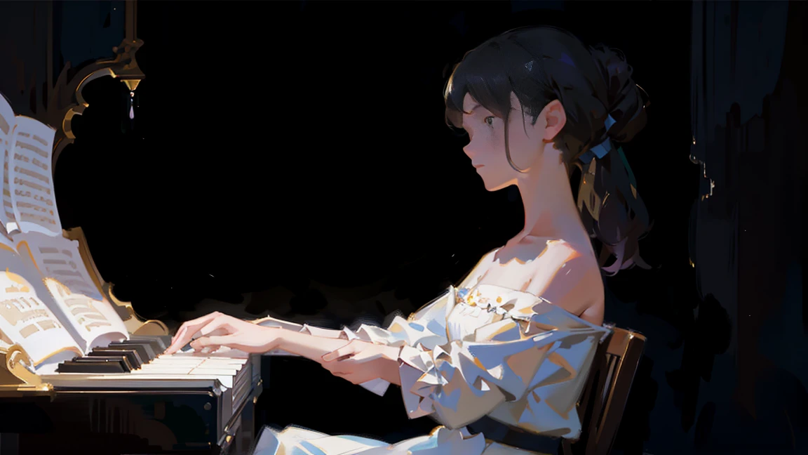 Full-body portrait,(picture of a girl playing the piano), White Dress Andy Jurgens (mandy jurgens) A realistic painting was created, Perverted, Figurative art, Detailed Description, Realistically, Artwork, Contour, View from the side, Simple Background