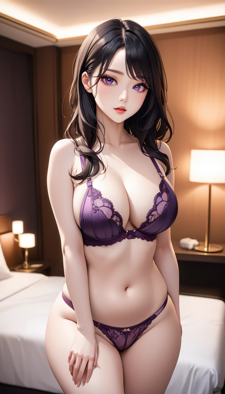 masterpiece, high resolution, beautiful woman, Korean Beauty, 30 years old, purple bra, purple , beautiful woman, night hotel, standing and looking at me, high resolution face, (high resolution eyes), black hair, white skin, thighs job, curvy