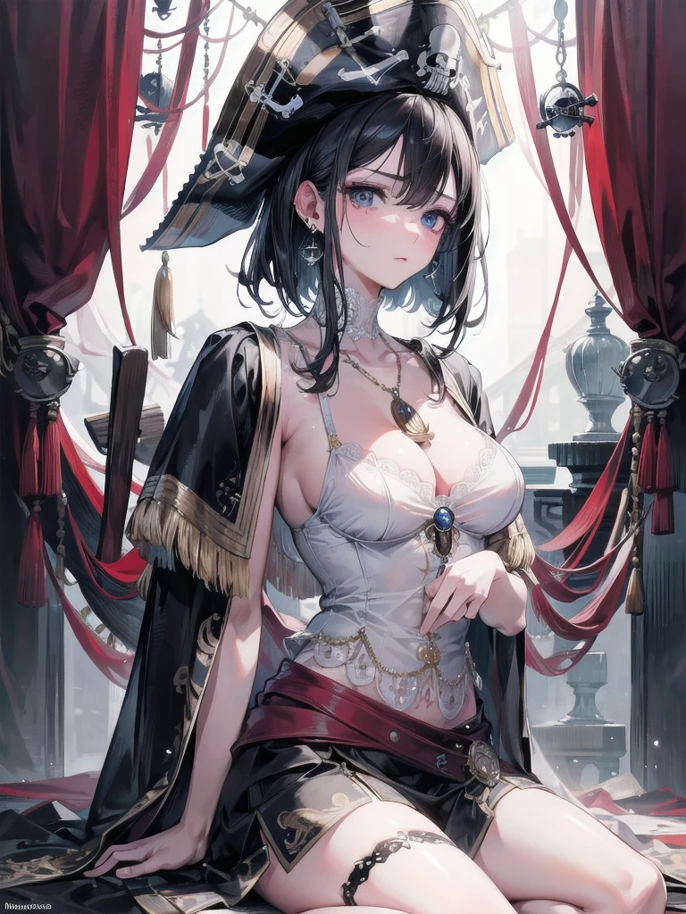 absurdres, RAW photo, extremely delicate and beautiful, masterpiece, Best Quality, ultra high resolution, 32k, hyperrealistic, ultra-detailed, delicate facial features, beautiful detailed woman, tearful mole, earring, medium breasts, full body shot, medium hair, black hair, pirate captain, intricate pirate clothing,