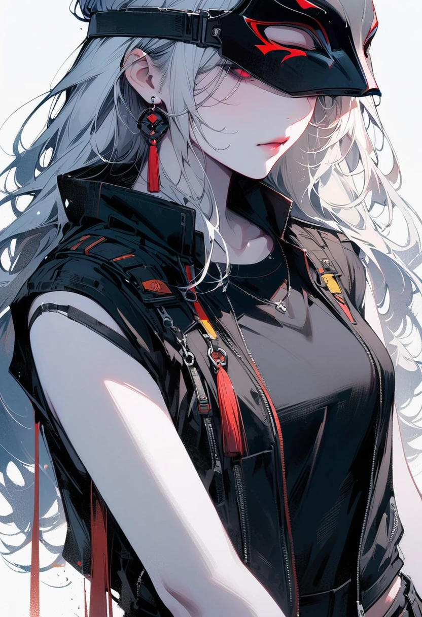 a girl, (White skin: 1.21), (white pupils: 1.21),), (mask: 1.12), (tassel: 1.31), (earrings: 1.11), (red eye shadow: 1.1), , (Plate: 1.1), (bandage), scar, mask covering face, wearing a mask, clavicle, ink style, chain, Delicate fabric texture, Exquisite facial details, masterpiece, best quality, Extra fine, 8K, masterpiece, extreme, beautiful, illustration, close up, look directly, focus on face, white hair, long hair, Calm expression, Watchmen, (Black sports vest: 1.21), (black sports shorts: 1.21),Jacket, have