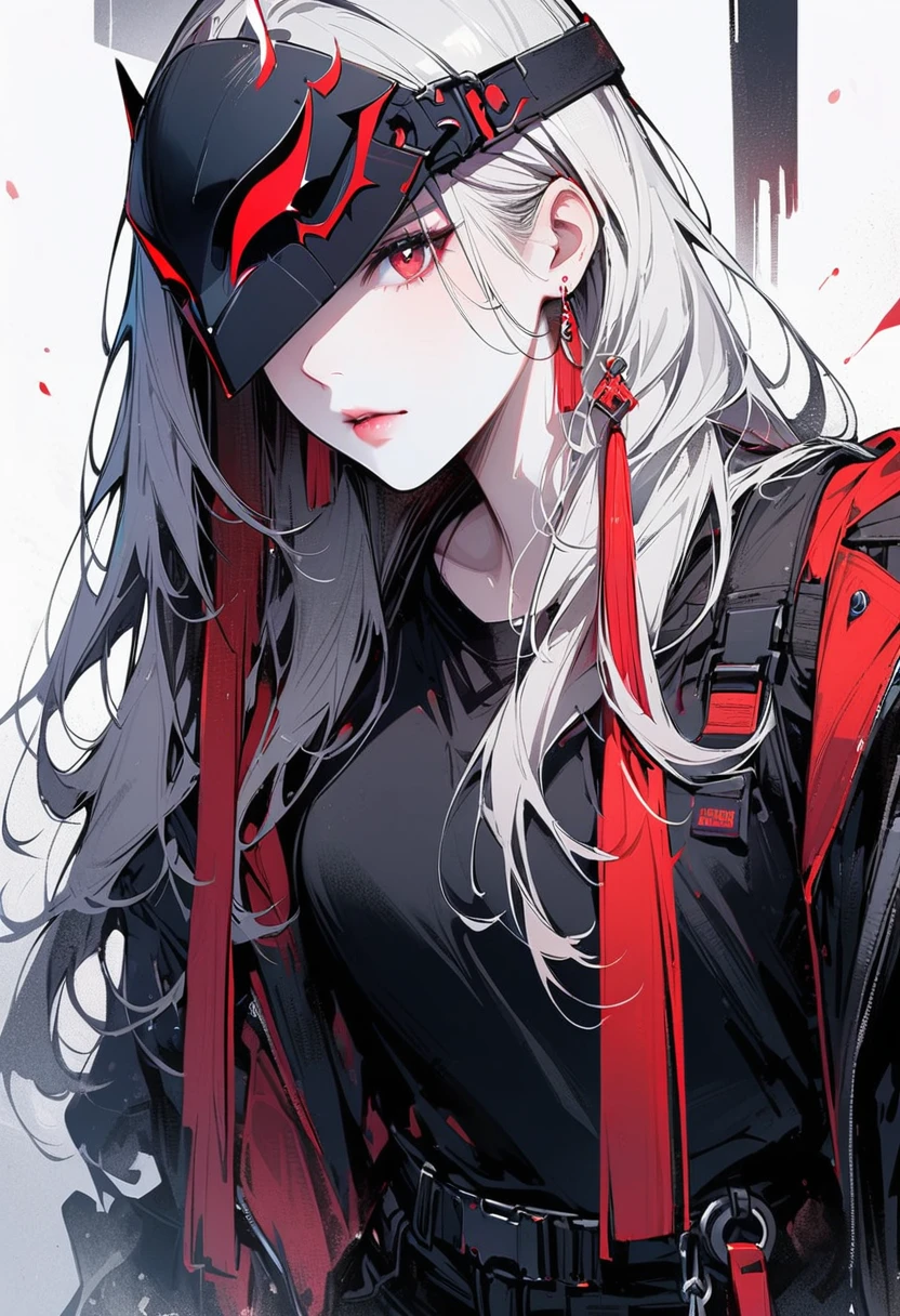 a girl, (White skin: 1.21), (white pupils: 1.21),), (mask: 1.12), (tassel: 1.31), (earrings: 1.11), (red eye shadow: 1.1), , (Plate: 1.1), (bandage), scar, mask covering face, wearing a mask, clavicle, ink style, chain, Delicate fabric texture, Exquisite facial details, masterpiece, best quality, Extra fine, 8K, masterpiece, extreme, beautiful, illustration, close up, look directly, focus on face, white hair, long hair, Calm expression, Watchmen, (Black sports vest: 1.21), (black sports shorts: 1.21),Jacket, have
