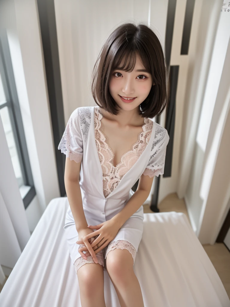 (Highest quality:1.9)、(High resolution)、Live-action image quality、((19 year old female university student、1 person))、Soft lighting by a professional photographer、Natural light、((Very spacious white luxurious room:1.6))、((Bright white room:1.6))、(Standing in front of a very luxurious white bed:1.2)、(White bookshelf background:1.1)、Natural soft light、((Black Hair Color:1.1))、Fair skin、Detailed Eyes、double eyelid、Slightly puffy cheeks、((Small Face:1.0))、((White lace short sleeve shirt、Please wear it with the chest open.:1.7))、((White checked skirt:1.2))、(Cute Smile)、((Girly pose 1.8))、((Straight medium-long hair:1.1))、((Full Body Shot:1.2))、((Height: 145cm))、Hands in front、Hold hands between legs、bangs、