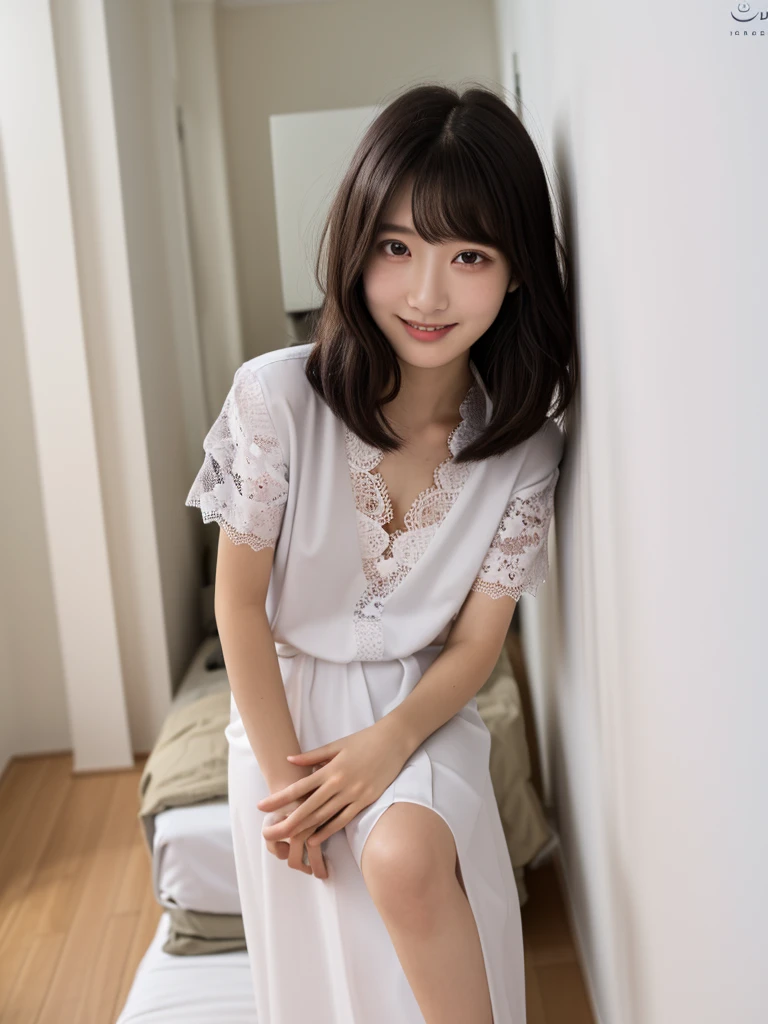 (Highest quality:1.9)、(High resolution)、Live-action image quality、((19 year old female university student、1 person))、Soft lighting by a professional photographer、Natural light、((Very spacious white luxurious room:1.6))、((Bright white room:1.6))、(Standing in front of a very luxurious white bed:1.2)、(White bookshelf background:1.1)、Natural soft light、((Black Hair Color:1.1))、Fair skin、Detailed Eyes、double eyelid、Slightly puffy cheeks、((Small Face:1.0))、((White lace short sleeve shirt、Please wear it with the chest open.:1.7))、((White checked skirt:1.2))、(Cute Smile)、((Girly pose 1.8))、((Straight medium-long hair:1.1))、((Full Body Shot:1.2))、((Height: 145cm))、Hands in front、Hold hands between legs、bangs、