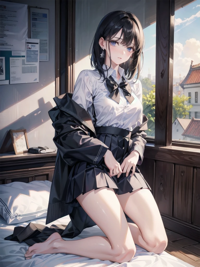 absurdres, RAW photo, extremely delicate and beautiful, masterpiece, Best Quality, ultra high resolution, 32k, hyperrealistic, ultra-detailed, delicate facial features, beautiful detailed woman, tearful mole, earring, medium breasts, full body shot, medium hair, black hair,  Korean school_uniform, summer school_uniform shirt,