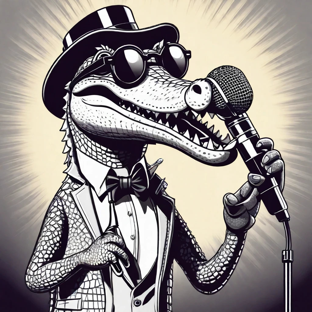 Cartoon style
crocodile sings a song into a microphone.
he wears sunglasses.
monochrome
The microphone is a large retro one and a stand type
Put on your sunglasses
Small top hat