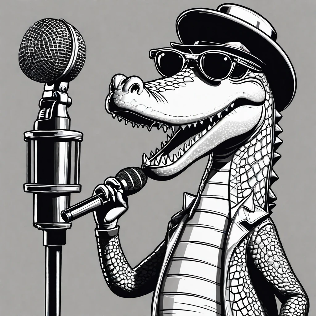 Cartoon style
crocodile sings a song into a microphone.
he wears sunglasses.
monochrome
The microphone is a large retro one and a stand type
Put on your sunglasses
Small top hat