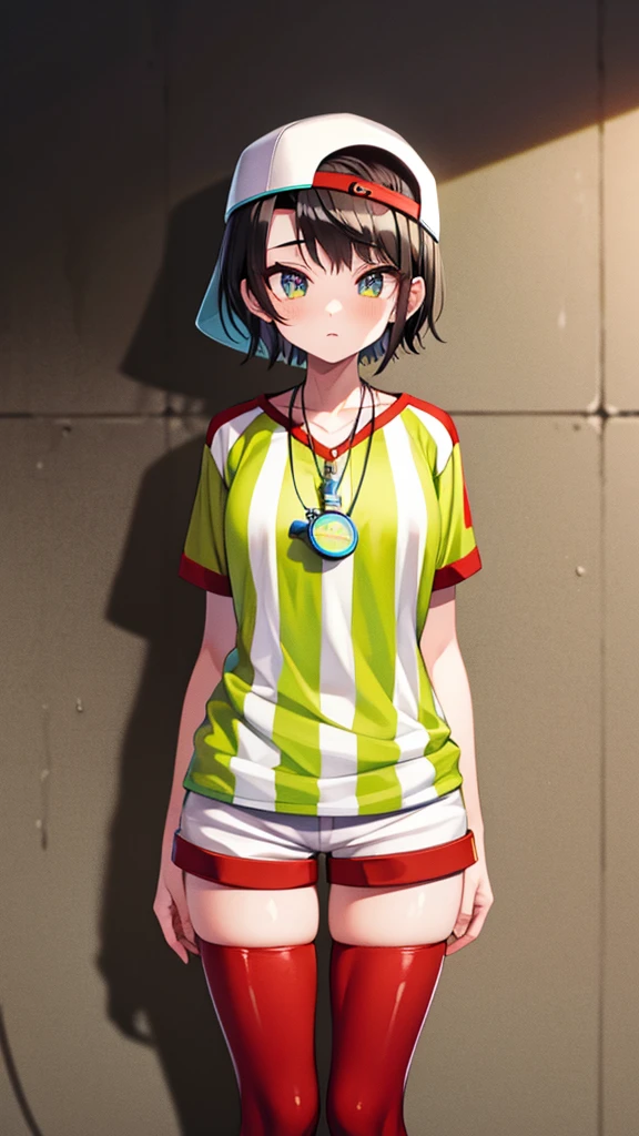 ((masterpiece)), (Highest quality),subaru_Sports, Striped shirt, White shorts, Baseball cap, whistle, Red legwear, White legwear, Mismatched legwear,whole body, alone