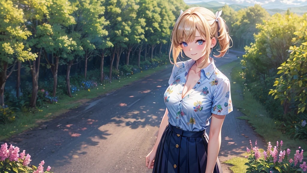 (masterpiece:1.2, Highest quality), (Realistic photos), Beautiful illustrations, (Natural side lighting, Cinema lighting),(1 person), Japanese, 20-year-old female, Perfect Face, Symmetrical cute face, Glowing Skin,Blonde Short Hair、Dark blue eyes, (Huge breasts:1.2), Slender build、Beautiful Hair, Beautiful Face, Fine and beautiful eyes, Beautiful body, Beautiful breasts,(White collared shirt、Small black ribbon、Pleated skirt)、smile、Blushing、walk、Country Road、Paddy field、blue sky、White cloud、Summer landscape