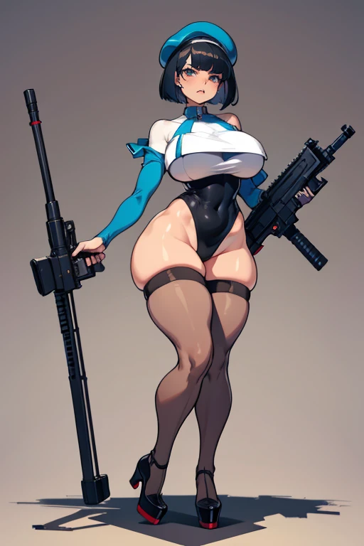  thick hips,  thick thighs, platform heels, high cut leotard, bandeau top, huge breast, thin waist, bob cut hair, weapon, tanned skin, gun, angry look,  scream, thick body, tight stockings, beret, shoulderless,