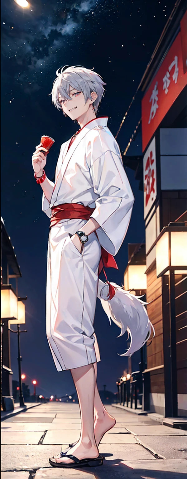 High resolution, High resolution,2D Anime Style,,Cool guy,Mature,,20th generation,Short Wolf Hair,Silver Hair,Red eyes,Beautiful Watches,Beautiful earrings,Beautiful Necklace,Beautiful yukata,He is laughing a little,night,Standing with your legs apart,festival