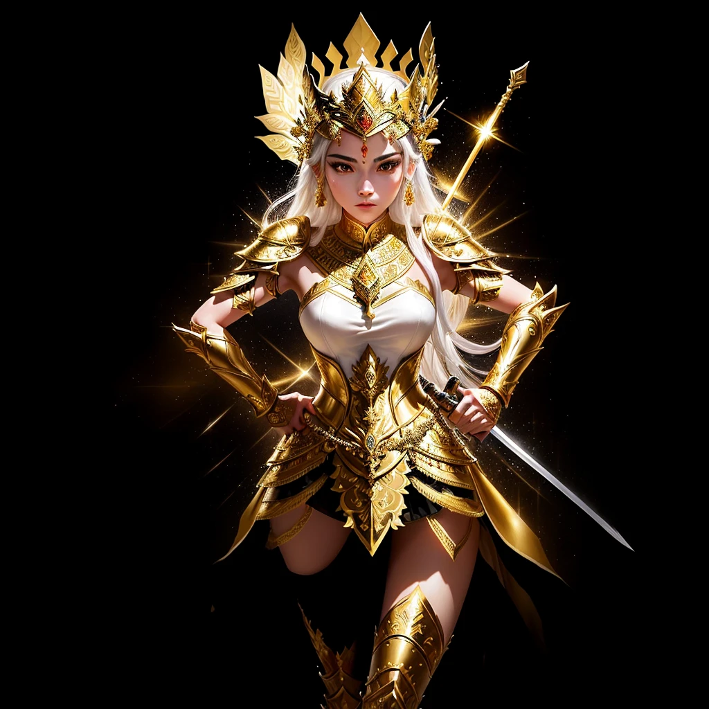 arafed woman in a thai costume holding a sword, sukhothai costume, gold armour and crown, wearing gold armor, black emma watson as egyptian, wearing golden armor, heavy white and golden armor, ancient libu princess, ornate white and gold armour, apsaras warrior, tai costume, intricate white and gold armor, portrait of modern darna