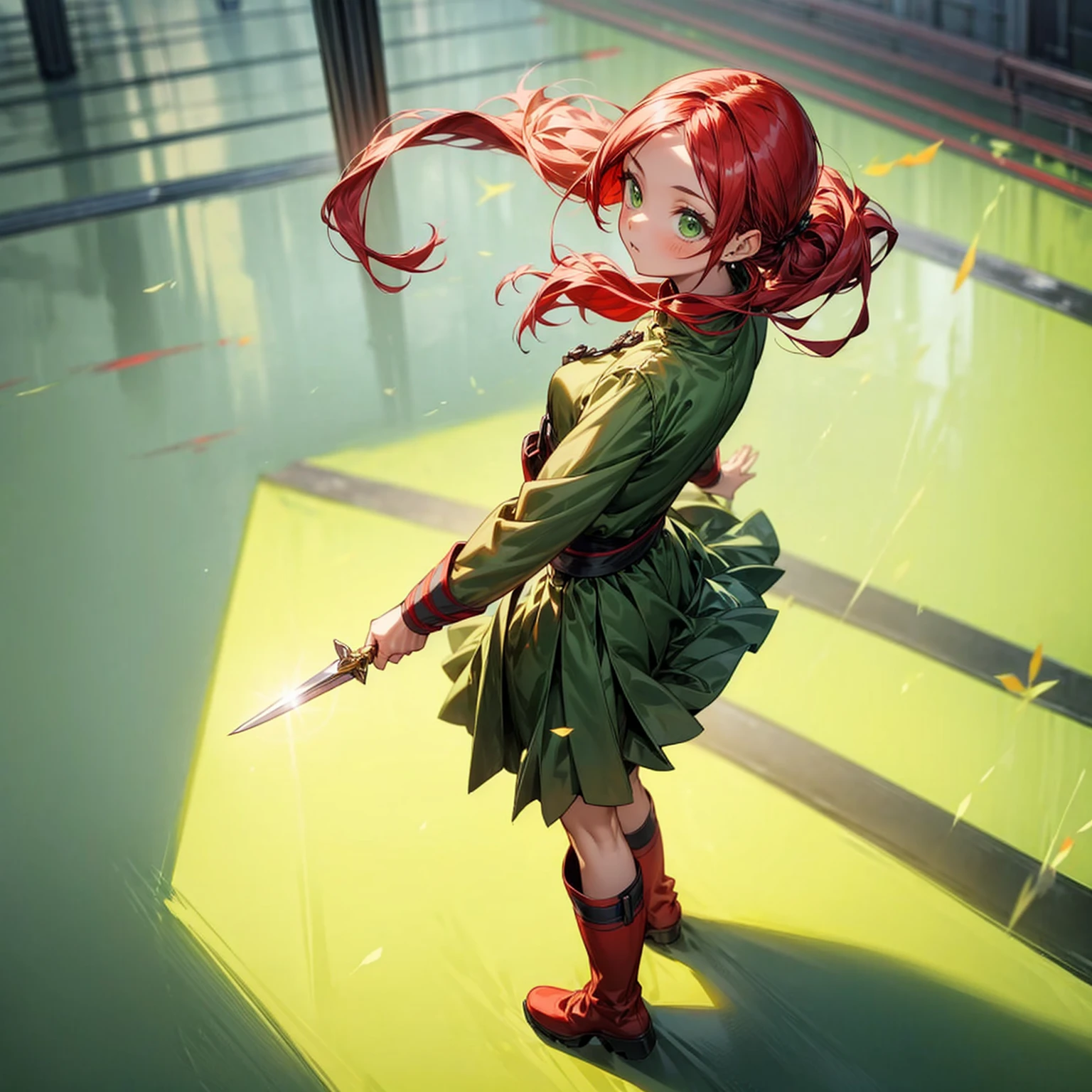1childern girl, Full body version, 1character, character is children, green eyes color, long hairstyle, red colour hair, kingdom soldier style clothing, Long skirt, long socks, long boots, red earrings, knife in hand, full background, Grassroots, background in town, motion blur, shadow, standing gesture,