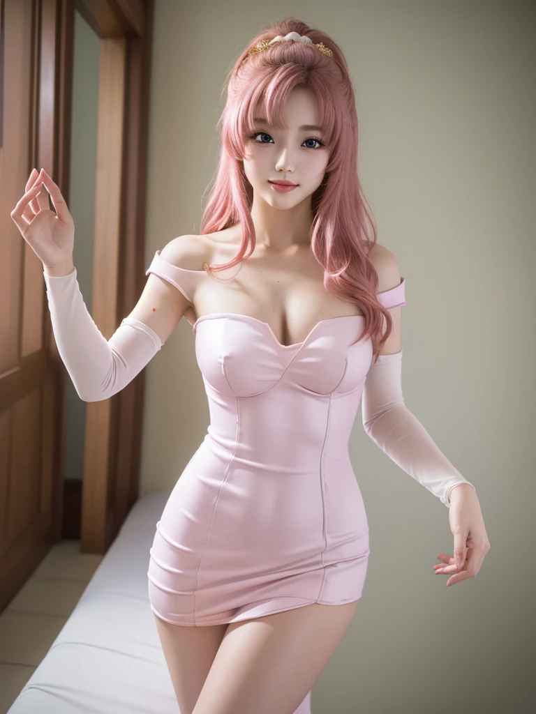 (Highest quality、4K、8K, masterpiece:1.3), Ultra detailed face, Detailed lips, Detailed eyes, double eyelid,
BREAK,
smile, standing, (Seductive pose:1.75),
BREAK,1girl, 20 years old, (Generous Breasts:1.3), (Plump shape:1.2),
BREAK ,
lacus clyne, (purple eyes:1.1), hair ornament, long hair, wave hair ornament, (pink hair),
BREAK,
(Golden hair ornament), ((White Dress, Removable sleeves, Pink sleeves, Short sleeve, Sleeveless dress, Strapless, Strapless dress)),