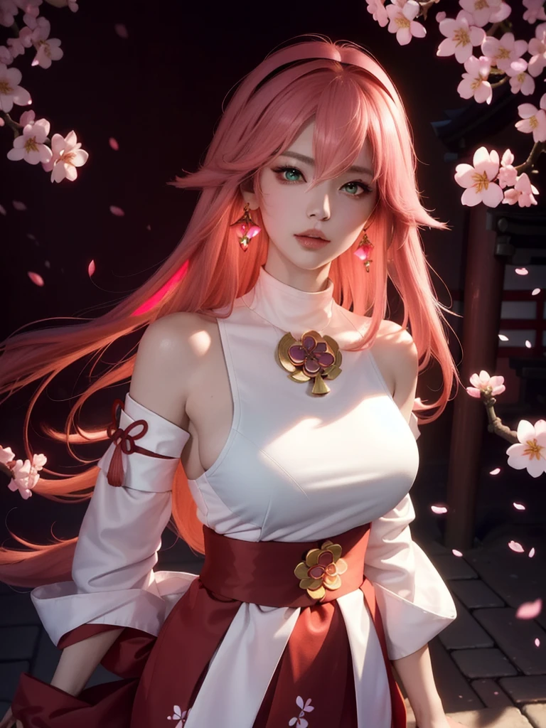 (Masterpiece, Excellent, 1girl, solo, complex details, color difference), realism, ((Large breasts)), large breasts, hourglass figure, sexy, Yae Miko, long pink hair, red headdress, red highlight, hair above one eye, green eyes, earrings, sharp eyes, perfectly symmetrical figure, choker, neon shirt, open jacket, turtleneck sweater, against the wall, brick wall, graffiti, dim lighting, alley, looking at the audience, ((mean, seductive, charming)), ((cherry blossom background ))),((Japanese temple background)))), (((Glow-in-the-dark background)))