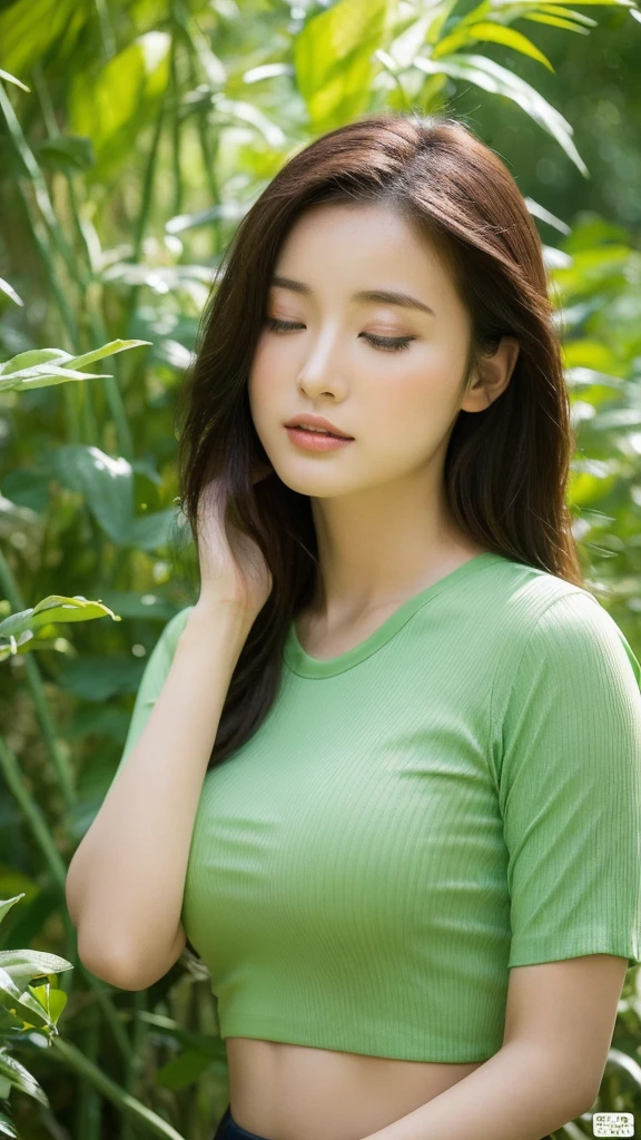 (lifelike, high resolution:1.3), close up,A sexy Chinese girl,Listening to the Wind in the Bamboo Forest,Green shirt,The golden-rimmed bellyband is hidden among the bamboo leaves,Close your eyes and listen,Wind blowing through bamboo shoots,Heart follows the wind,Tranquility and distance。