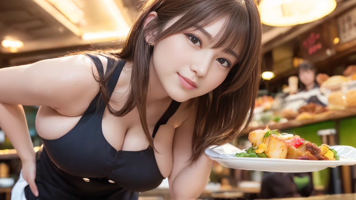 Big Tits、No clothes、nude、Naked alone、tits、Big Ass、best masterpiece、Highest quality、shape、Very detailed、High resolution、8K wallpaper、Perfect dynamic shape、Beautiful and detailed、Natural color lip, Random Sexy pose,A very kind smile、、cute、expensive、(Highest quality:1.3)、(masterpiece:1.3)、(The Very detailed:1.3)、(wallpaper, One Girl:1.1)、(Delicate hands and fingers:1.2)、(Detailed super oily shiny skin:1.1)、Beautiful and lustrous thighs、(Sexy restaurant waiter uniform:1.7)、(Large, saggy and firm breasts:1.4)、slender body shape、Brown hair head、(Stable expression:1.5)、((Random hairstyle for medium length hair:1.3))、Beautiful sister、(Model standing pose from the front:1.4)、Sexy pose、(((Paris city cafeteria background:1.6)))、((Beautiful big breasts with firmness:1.5))、(Beautiful double eyelids:1.3)、Looking at the camera、Pelvic expanse、Perfect lighting、