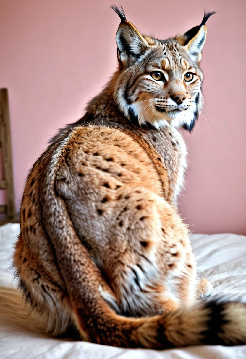 By personalami. ((Masterpiece)). ((Best quality)). ((Beautiful and detailed)). Furry lynx, big breasts, big ass. Submissive lying on stomach position. naked. cute penis presentation. spread big ass. blush face. shameless ass