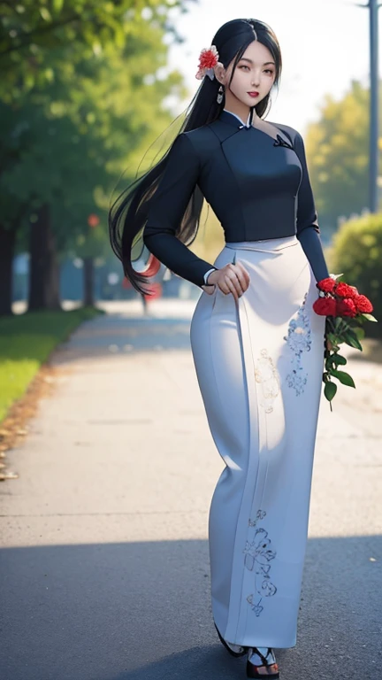 a beautiful girl in vintage colors aodai , masterpiece, best quality, realistic:1.3, street, holding bundle of flowers, red+black dress, sunlight, backlighting, artstation, intricate details, vignettThe owner of an attractive body outline and high hips3d 4k