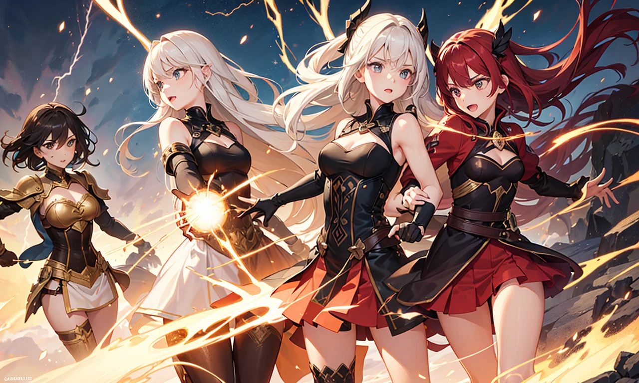 The girls on both sides are attacking each other with magic, one with lightning magic and the other with fire magic.
