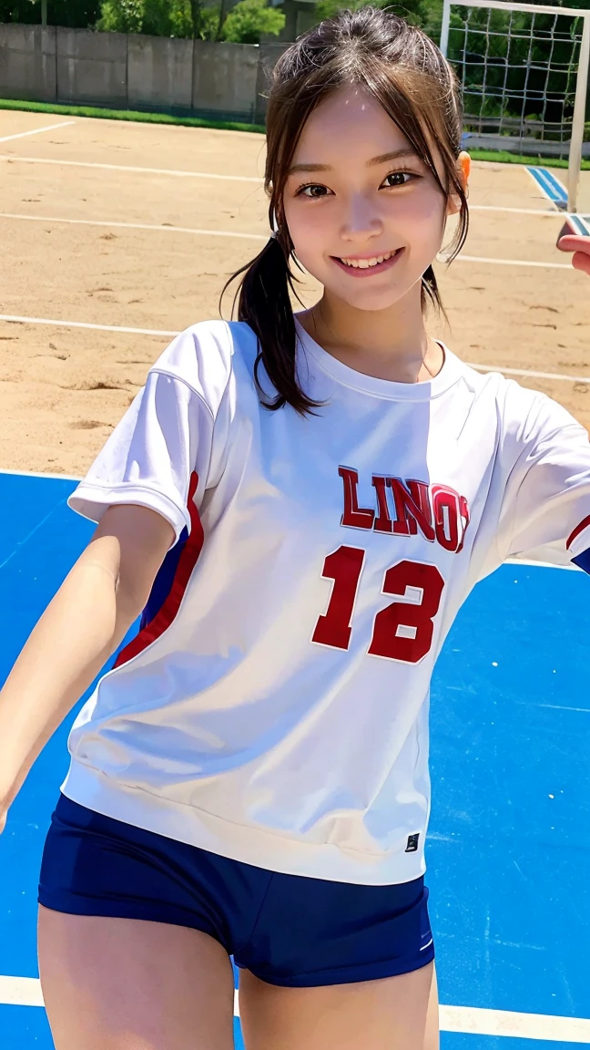 masterpiece, best quality, 1girl, high-fiving teammates, volleyball court, team uniform, happy expression, energetic, detailed scene