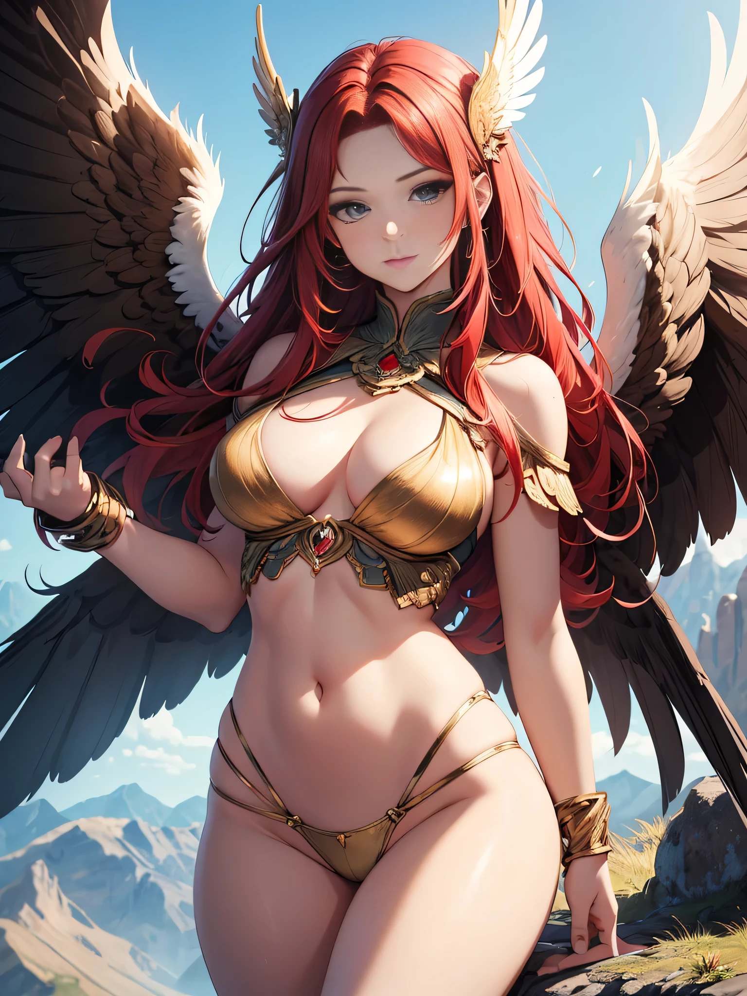 Draw a masterpiece, ultradetailed, a girl with big Eagle's wings opened on the top of a Mountain, Red hair, beautiful body like a goddess of the mountain, sexy, perfect body