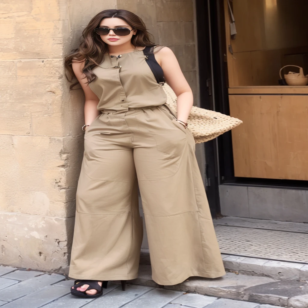 Beauty，Sexy，Clothes unchanged，arafed woman in a Brown Jumpsuit leaning against a wall, Light brown, Pants, Olives, Olives green, Brown, color, Thin waist, Brown:-2, long, Thin waist, #, Jumpsuit, 8 hours, World War II, Home, 8K, 19xx, Short shirt with jacket, look, This set of styles