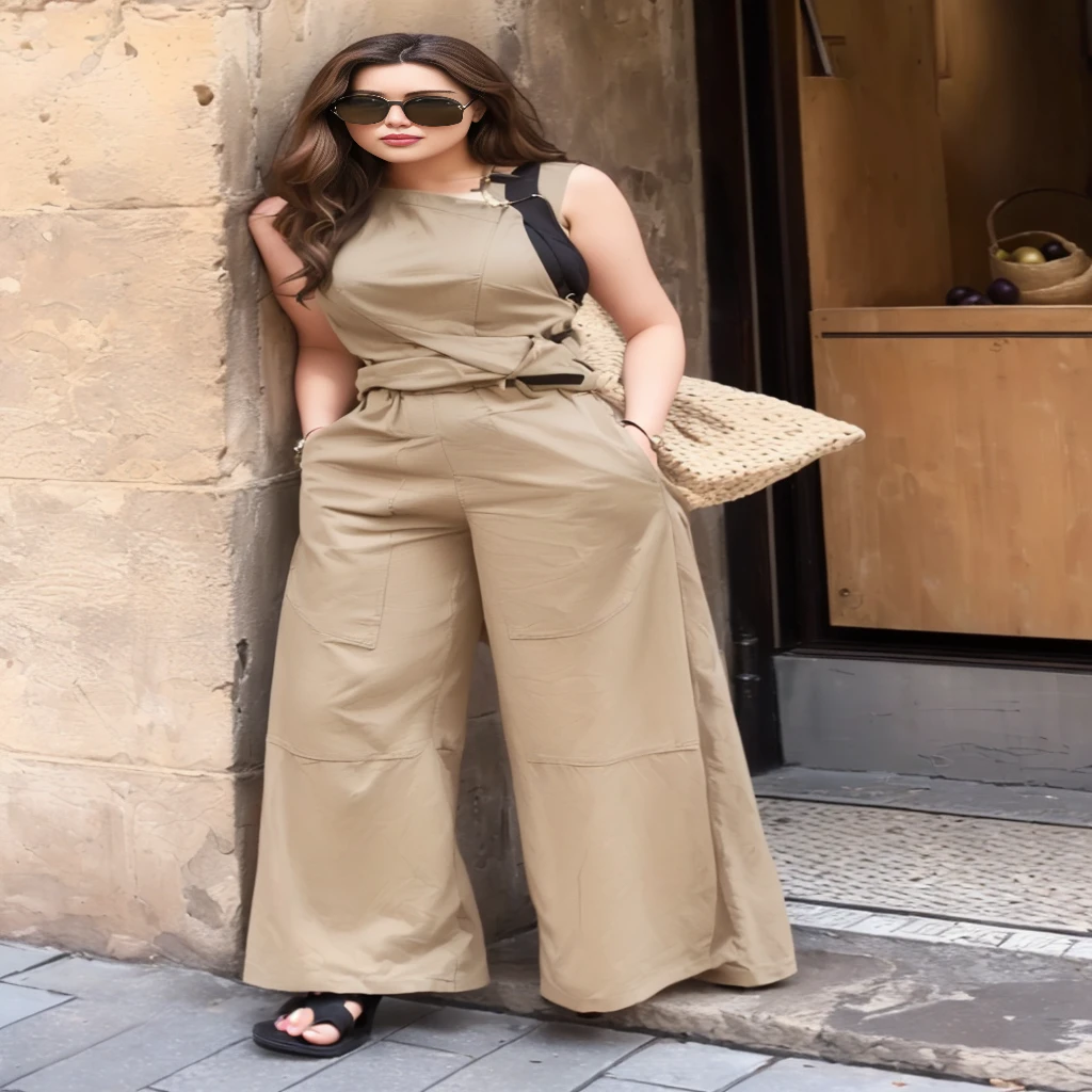 Beauty,Sexy,Clothes unchanged,arafed woman in a Brown Jumpsuit leaning against a wall, Light brown, Pants, Olives, Olives green, Brown, color, Thin waist, Brown:-2, long, Thin waist, #, Jumpsuit, 8 hours, World War II, Home, 8K, 19xx, Short shirt with jacket, look, This set of styles