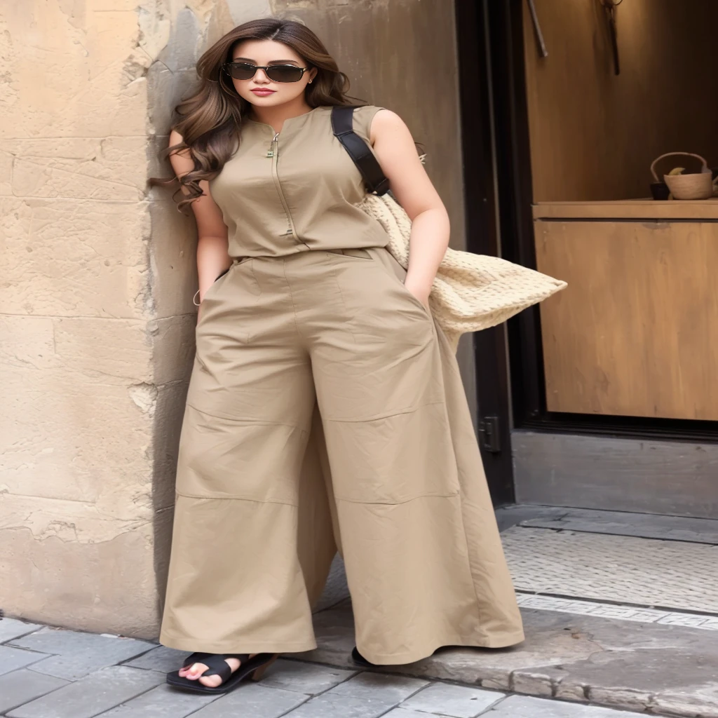 Beauty,Sexy,Clothes unchanged,arafed woman in a Brown Jumpsuit leaning against a wall, Light brown, Pants, Olives, Olives green, Brown, color, Thin waist, Brown:-2, long, Thin waist, #, Jumpsuit, 8 hours, World War II, Home, 8K, 19xx, Short shirt with jacket, look, This set of styles