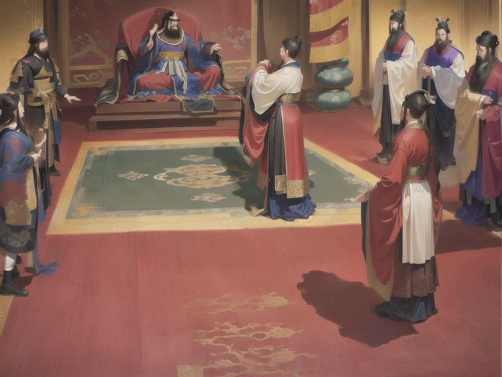 Many people stood around a large area covered with a large carpet, Confucius and Trial by Jury, Emperor Xuande, Nguyen Chia and Arthur Rackham, Grant him a title of nobility, Opening, court, Celebrating the King's Coronation, Museum ink painting, Song徽宗, Wearing Chinese clothes, Song
