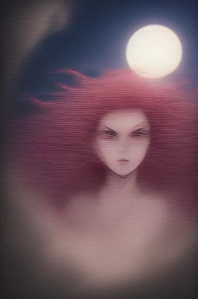 a pale hashira with medium red hair, with colorful eyes and a moon haori, with a serious expression