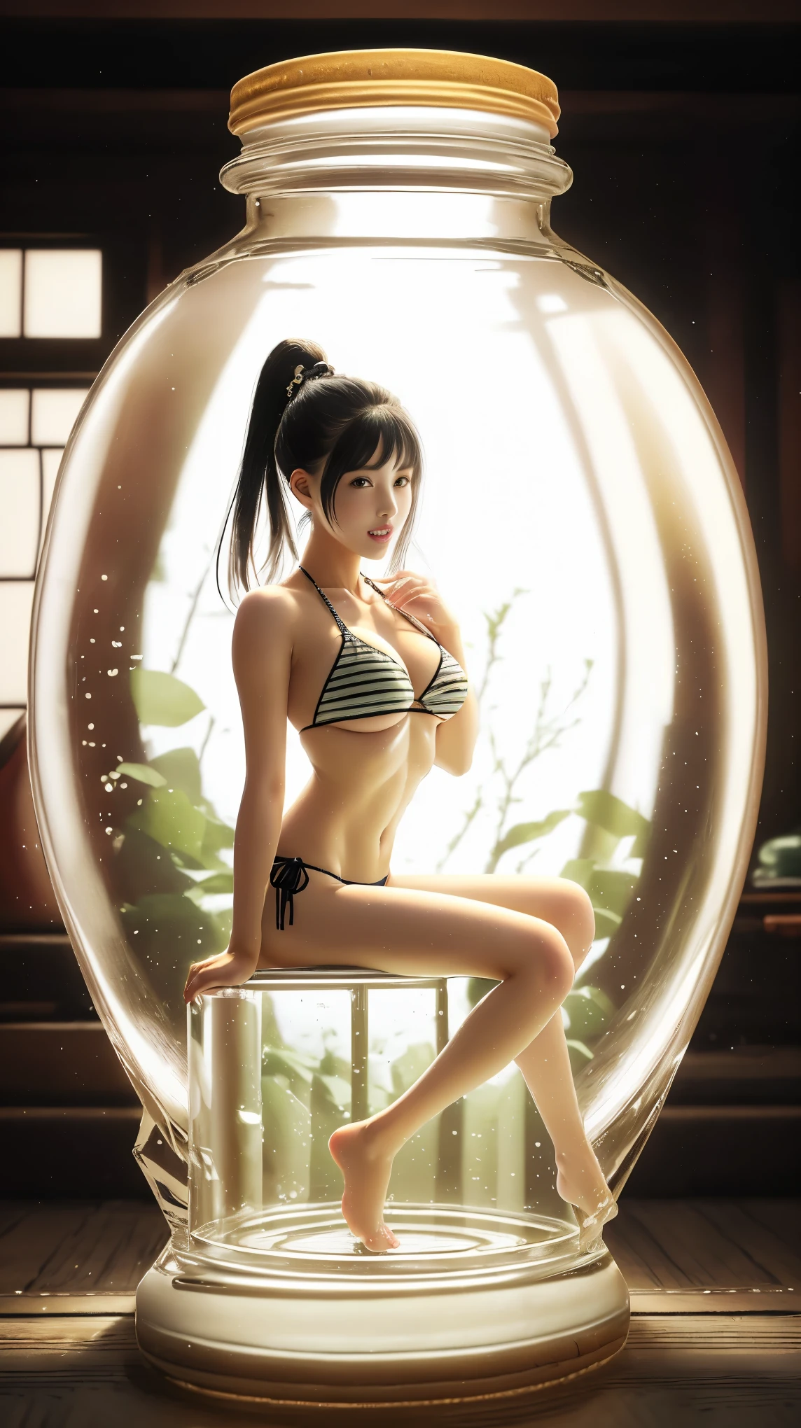 最high quality、high quality、Best image quality、8K、最High resolution、High resolution、最high quality、masterpiece、RAW Photos、whole body写真、Detailed and realistic human body、Detailed and realistic skin、Realistic face in every detail、Detailed and realistic eyes、Detailed and realistic lips、Detailed and realistic teeth、Detailed and realistic ears、Detailed and realistic hair、Realistic reproduction of every detail、((Beautiful Hands(thumb1、reference4))、Realistic feet down to the last detail、((Beautiful Japanese Girl))、(Japanese Model)、 ((18 year old beautiful girl))、(Black Hair)、(Random Hairstyles)、((whole body))、((Slim and perfect figure))、(Beautiful and firm breasts)、(whole body光沢肌、Fair skin)、((Girl in striped bikini))、((Girl trapped in a glass bottle))、((Highly transparent glass bottle(彼女のwhole bodyがすっぽりと入る大きなガラス瓶))、((Sit in a glass jar))、((A glass bottle with a girl inside is placed on the desk))