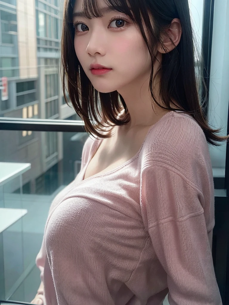 (8K, RAW photo:1.2)detailed face and eyes,highest quality, ultra high resolution, very detailed ,intricate details ,pieces fly ,pretty girl, soft light like a movie, hyper detail,sharp focus on breasts, （beautiful black hair）, （bob cut）, （cleavage is visible）,（pink cardigan）、(denim itting）（spread your legs a little）（random pose）