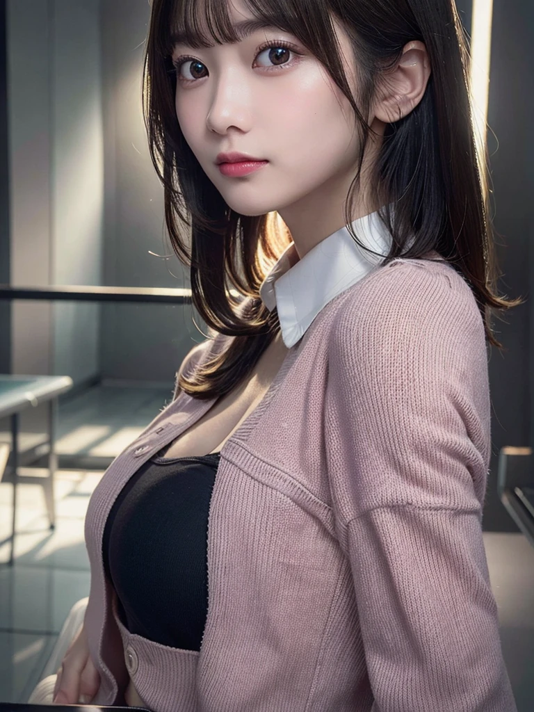 (8K, RAW photo:1.2)detailed face and eyes,highest quality, ultra high resolution, very detailed ,intricate details ,pieces fly ,pretty girl, soft light like a movie, hyper detail,sharp focus on breasts, (beautiful black hair), (bob cut), (cleavage is visible),(pink cardigan)、(denim itting)(spread your legs a little)(random pose)