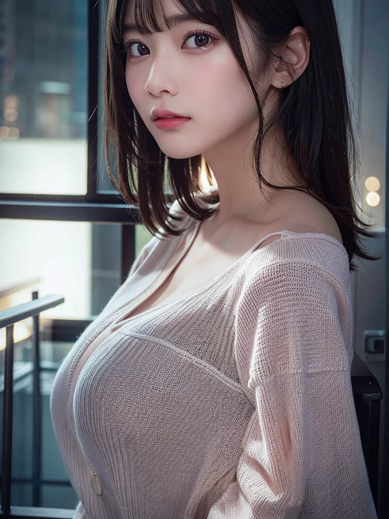 (8K, RAW photo:1.2)detailed face and eyes,highest quality, ultra high resolution, very detailed ,intricate details ,pieces fly ,pretty girl, soft light like a movie, hyper detail,sharp focus on breasts, (beautiful black hair), (bob cut), (cleavage is visible),(pink cardigan)、(denim itting)(spread your legs a little)(random pose)