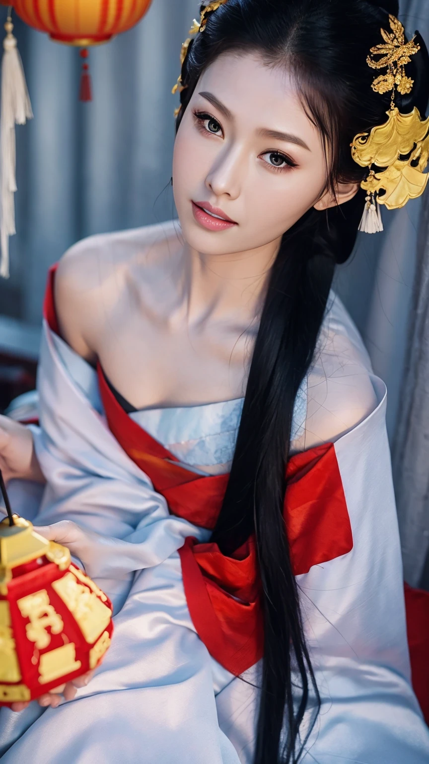 1 fashion model 18 years old [[[[close up]]]], [[[[neck]]]], [[[[Shoulder]]]], (((Complete head)))，(((Complete hairstyle)))，Perfect eyes, Perfect Iris，Perfect lips，Perfect Teeth，Perfect skin，White skin，Soft headlight，High-density imaging，Black long hair，（Clean and delicate face），((Simple red Hanfu))，((Half-length photo))，((night))，((Chinese Lanterns))，((Various dynamic poses))，((The background is the bedroom))，best quality，masterpiece，（Soft colors：1.2）