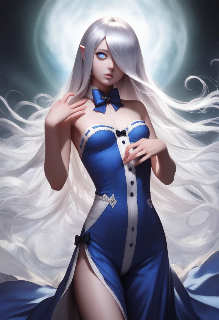 1girl, masterpiece, best quality, 8k, detailed skin texture, detailed cloth texture, beautiful detailed face, intricate details, ultra detailed, Alice in Wonderland, (a bow on her head:1.1), girl, halfling girl, halfling, pale skin, short, short stature, very long silver hair, straight hair that curls at the end, small breasts, pouty lips, masterpiece, best quality, dynamic pose, 8k, hair covering one eye, anime eyes, bright blue eyes, detailed eyes, big round eyes, realistic eyes, windy, eyeliner, shy personality, lots of belts, wind magic, fantasy, dungeons and dragons, detailed granblue fantasy outfit,