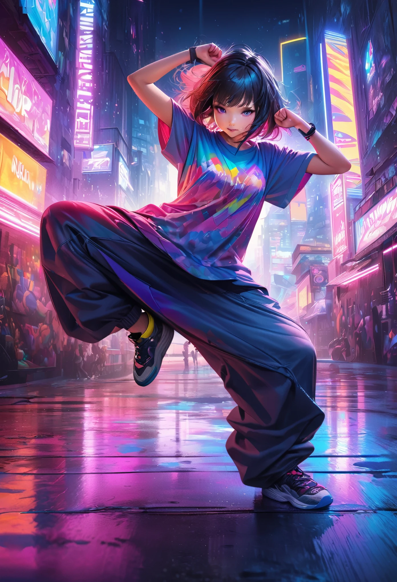 A cute anime girl performing a dynamic popping move, her body locking and popping with sharp, precise movements. Dancer wearing oversized T-shirt and baggy pants, popping dance pose, urban street style, loose-fitting clothes, vibrant colors, dynamic movement, street dance background, The background is a futuristic cityscape with neon lights. High-quality illustration, vibrant colors, detailed fabric textures. colorful illustrations, highly detailed, high resolution, in the style of digital painting, natural lighting, masterpiece, high definition, in the style of octane rendering, hyper realistic.