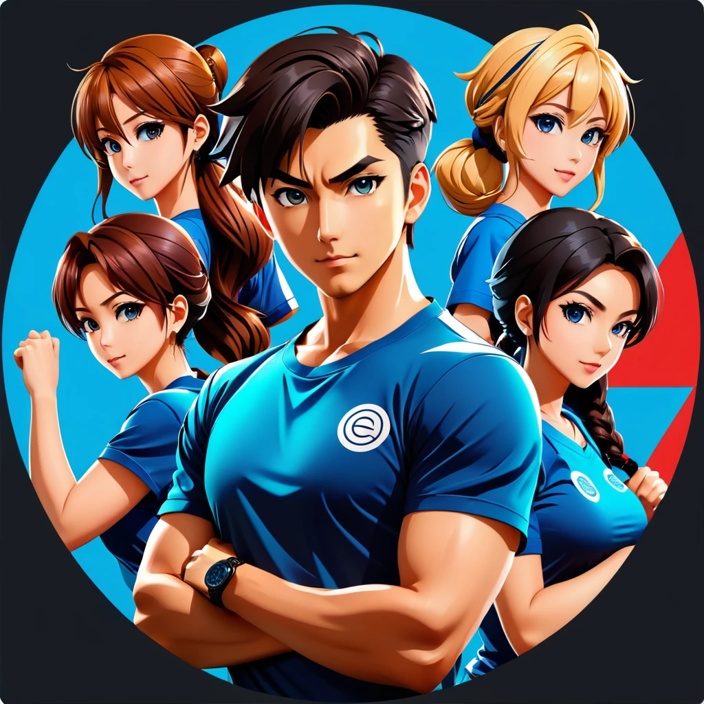 trader , forex , group shot, action pose, t-shirt design, anime style, cartoon, logo, vector graphic, simple and smooth, no background, circle outline
