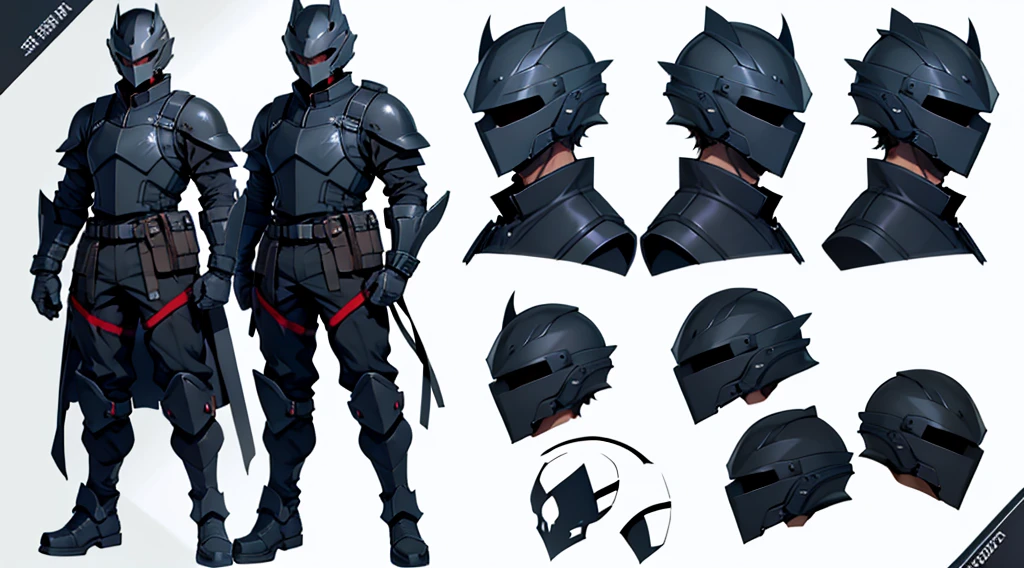 Character design sheet、male、Black combat uniform、Body Armor、Full Face Helmets