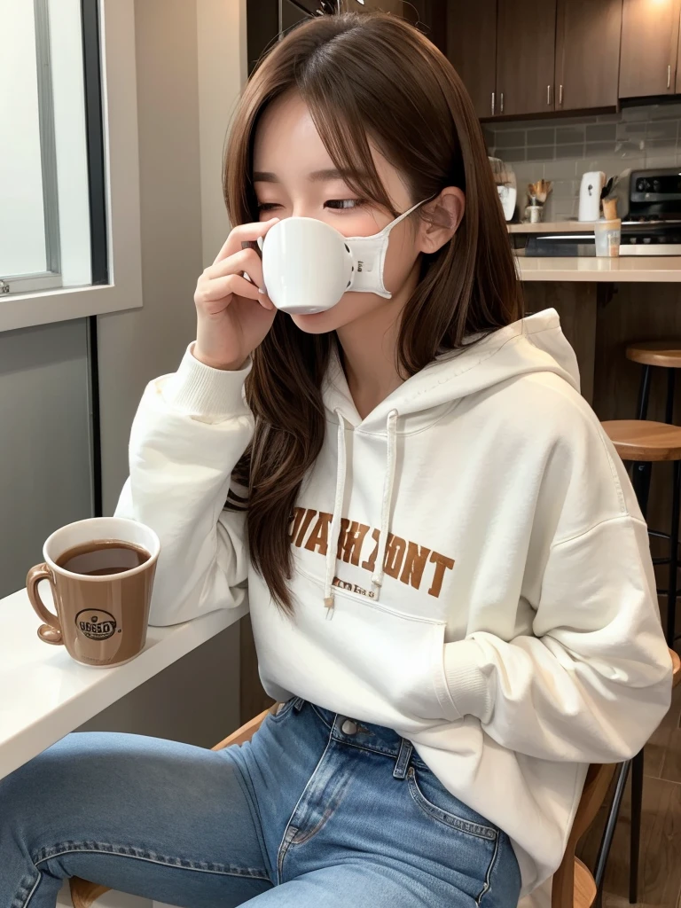 Bright cafe,Cover your eyes with a mug,20 generation beauty,semi-long,Brown Hair,White hoodie,jeans