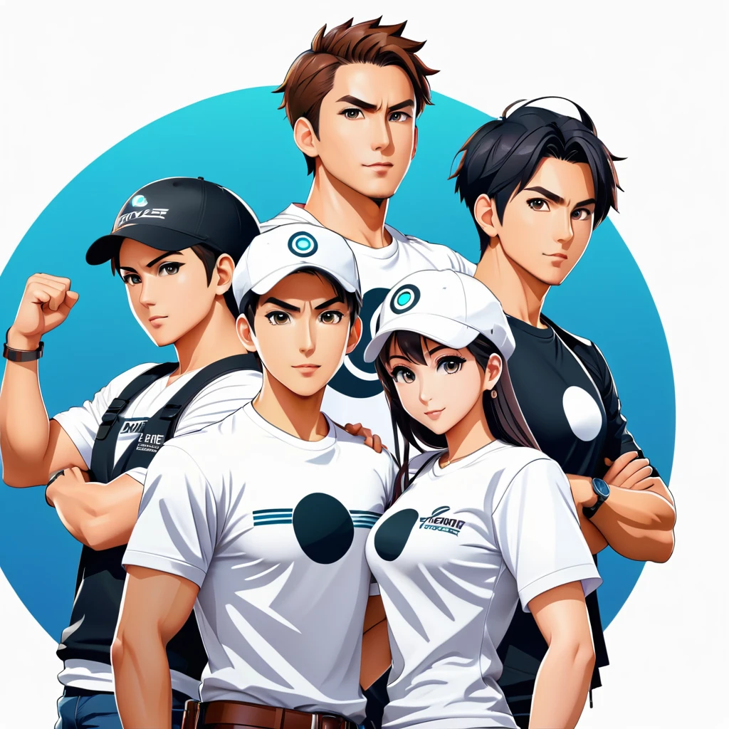 trader , forex , group shot, action pose, t-shirt design, anime style, cartoon, logo, vector graphic, simple and smooth, no background, circle outline
