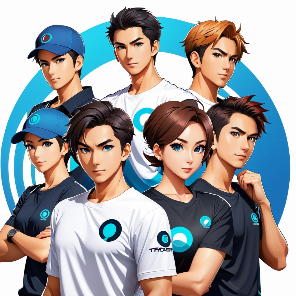 trader , forex , group shot, action pose, t-shirt design, anime style, cartoon, logo, vector graphic, simple and smooth, no background, circle outline
