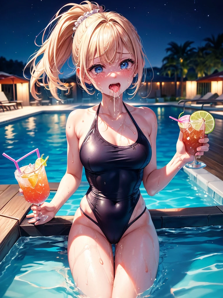 Highest quality,Highest Resolution,A crying beauty in a super high-cut swimsuit,Night Pool,Night view,whole body,up,Very beautiful eyes,(((Drink a drink))),(((Open your mouth and drool))),(((Sweat profusely)))Tears,Tback,