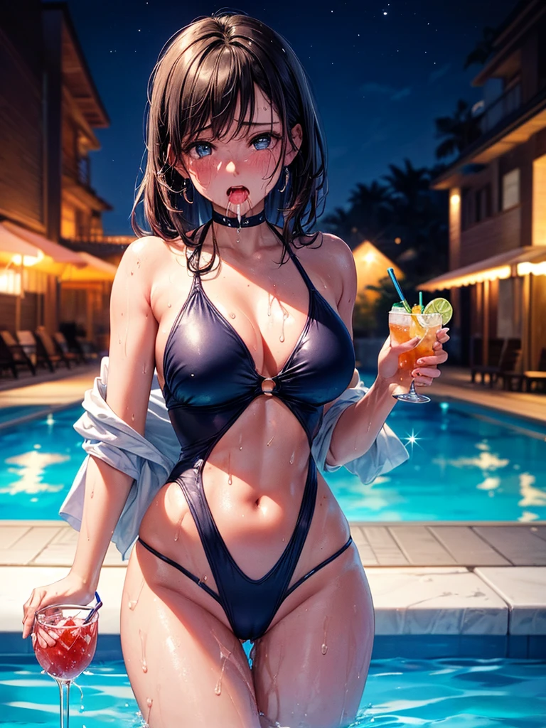 Highest quality,Highest Resolution,A crying beauty in a super high-cut swimsuit,Night Pool,Night view,whole body,up,Very beautiful eyes,(((Drink a drink))),(((Open your mouth and drool))),(((Sweat profusely)))Tears,Ｔback,