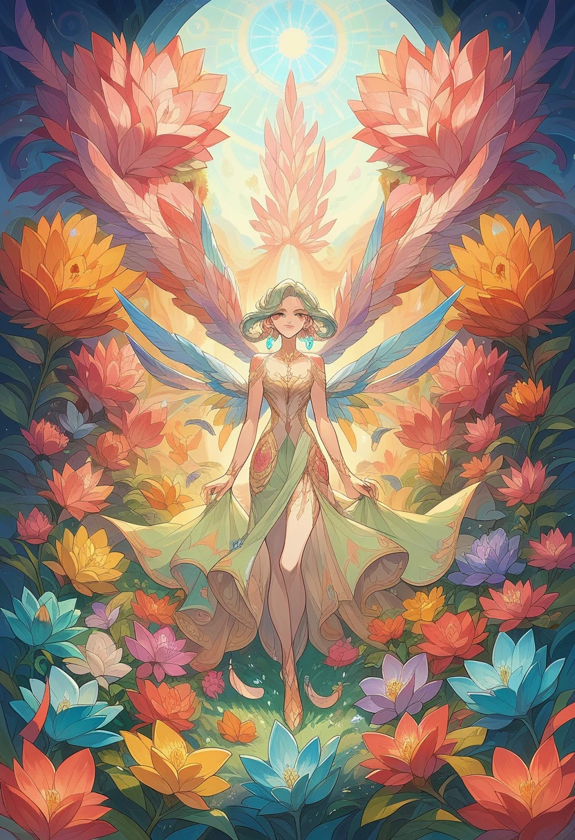 (masterpiece, top quality, best quality, official art, beautiful and aesthetic)(1girl)fractal art, colorful, flowers, zentangle, full body, abstract background, shiny skin, many colors, earrings, feathers,
